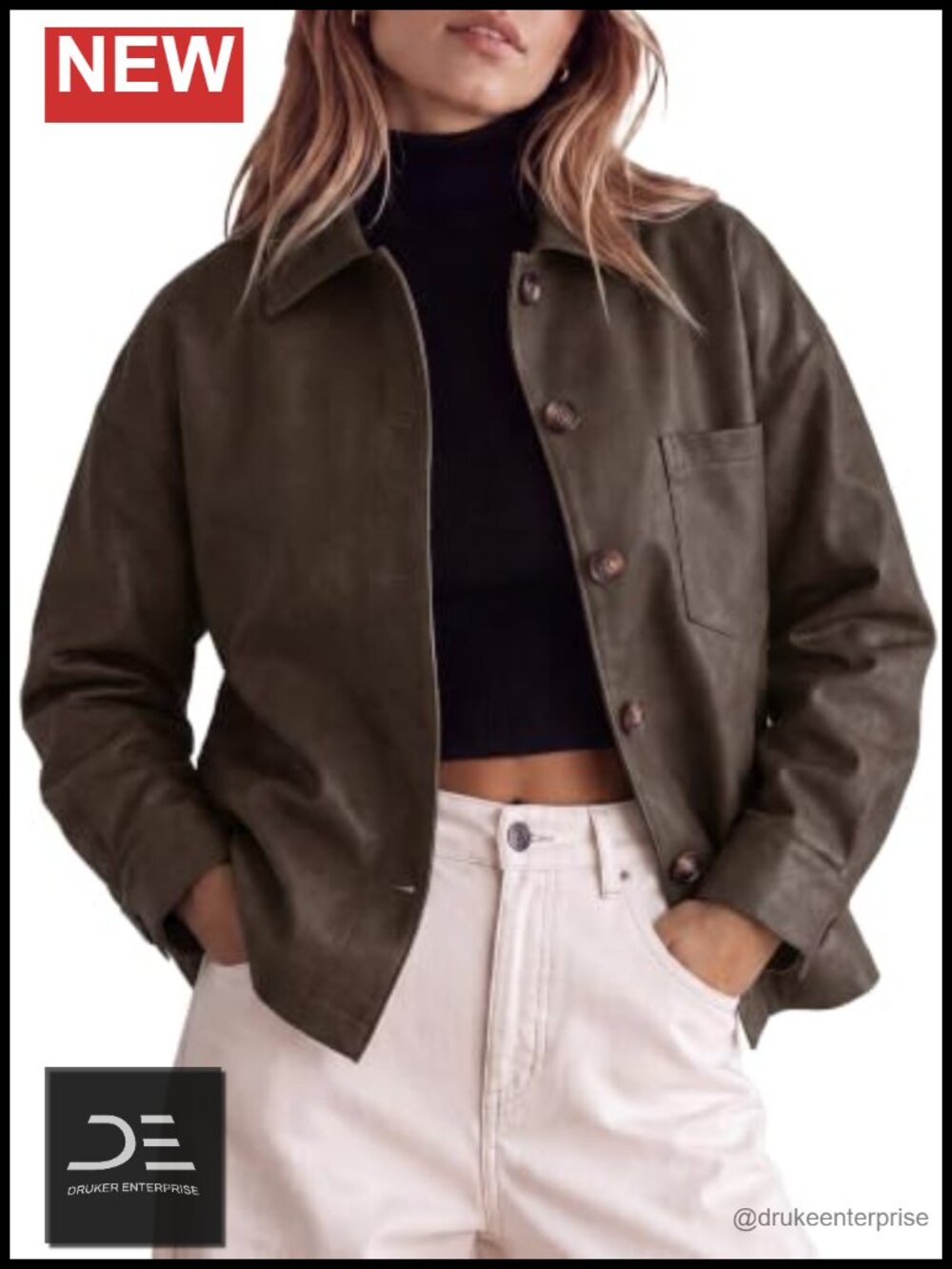 Faux Leather Oversized Button Down Motorcycle Jacket